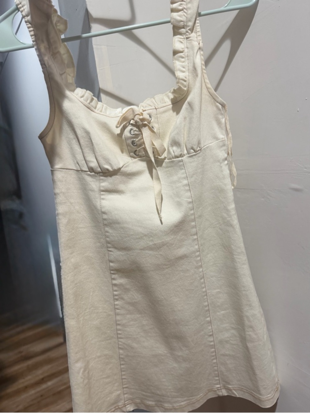 Urban Outfitters Cream Lace-Up Ruffle Strap Mini Dress
